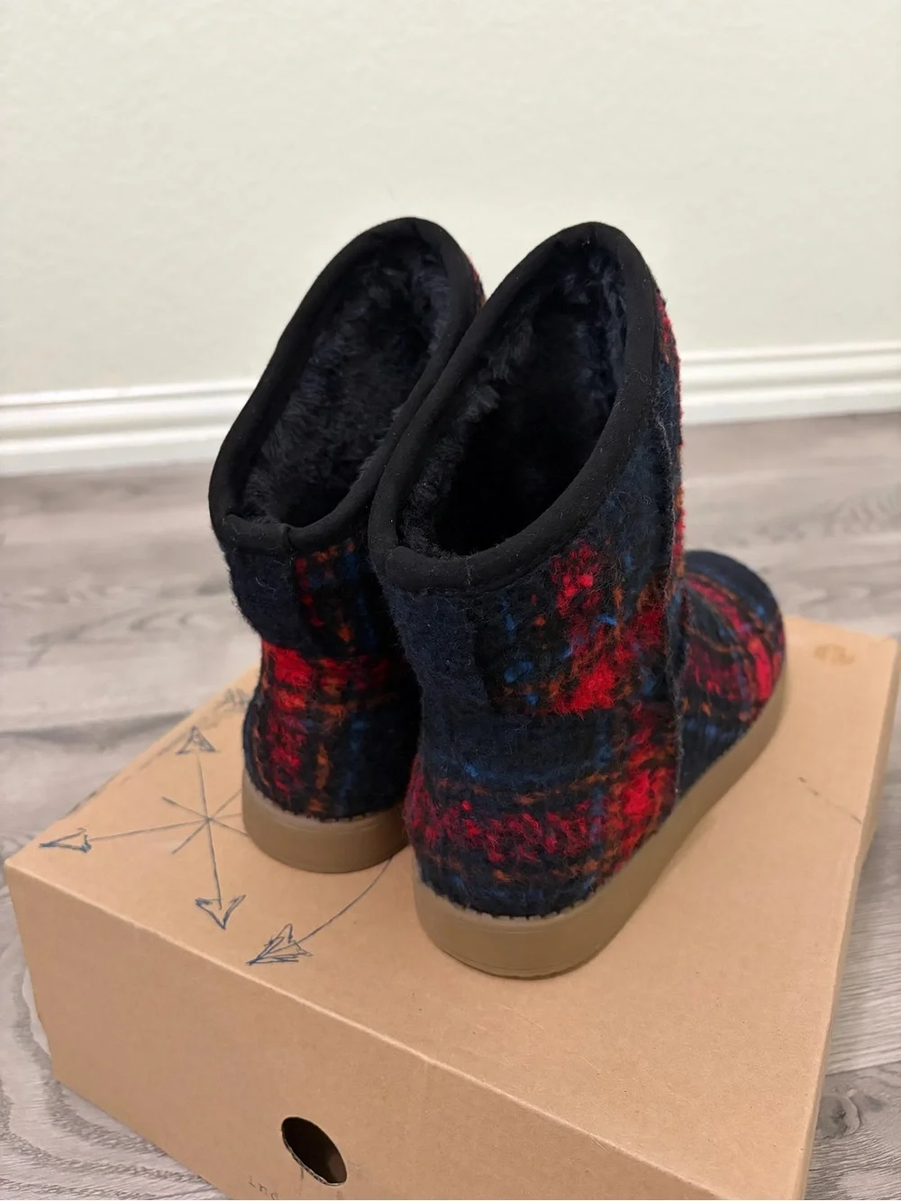 Indigo Plaid Faux-Fur Lined Winter Boots in Navy, Red & Blue